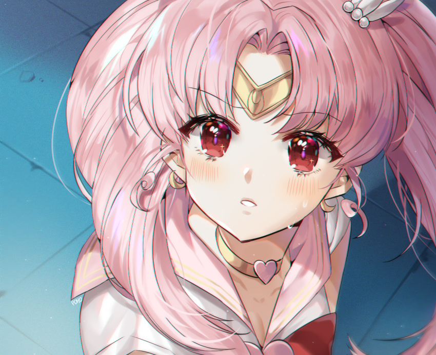 1girl bishoujo_senshi_sailor_moon blush censored chibi_usa choker collarbone crescent crescent_earrings derivative_work diadem earrings eyebrows_visible_through_hair heart heart_censor jewelry long_hair pink_hair pink_sailor_collar poho red_eyes sailor_chibi_moon sailor_collar sailor_moon_redraw_challenge sailor_senshi sailor_senshi_uniform screencap_redraw short_hair solo twintails upper_body yellow_choker