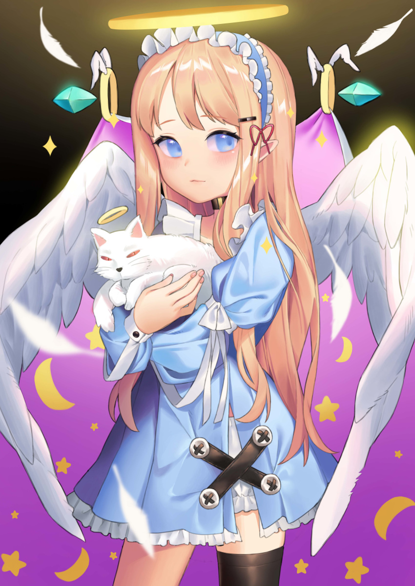 1girl absurdres angel angel_wings bangs black_collar blonde_hair blue_dress blue_eyes cat collar cowboy_shot crescent dress eyebrows_visible_through_hair feathered_wings frilled_dress frills gem hair_ornament hairband hairclip halo highres jewelry lolita_hairband long_hair long_sleeves looking_at_viewer merong_(sou47897) original pointy_ears puffy_long_sleeves puffy_sleeves ring short_dress single_thighhigh solo sparkle star thigh-highs very_long_hair white_wings wings