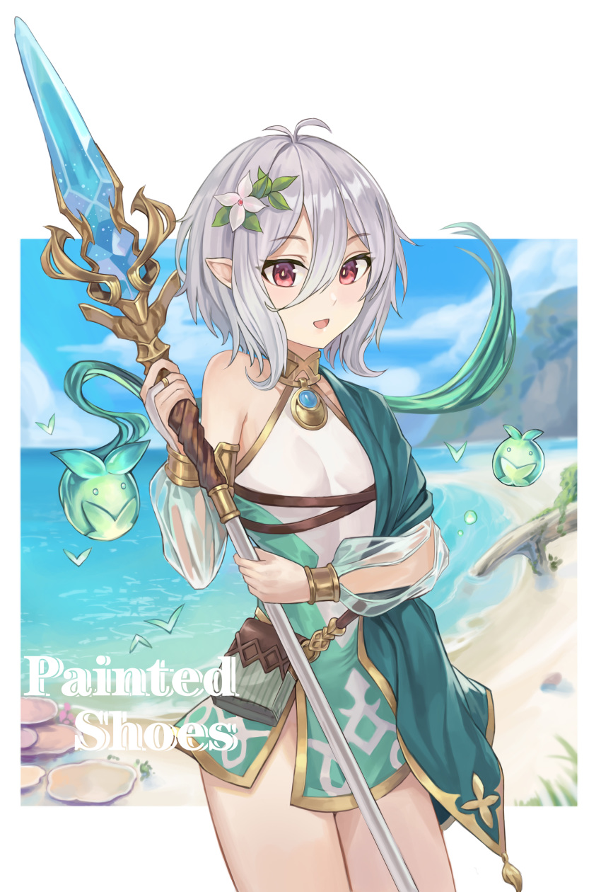 1girl absurdres bare_shoulders beach blue_sky clouds commentary_request day detached_sleeves flower green_sleeves hair_between_eyes hair_flower hair_ornament highres holding holding_staff kokkoro_(princess_connect!) lan_xiezi looking_at_viewer open_mouth outdoors pointy_ears princess_connect! princess_connect!_re:dive red_eyes sand see-through_sleeves short_hair silver_hair sky smile solo staff standing thighs