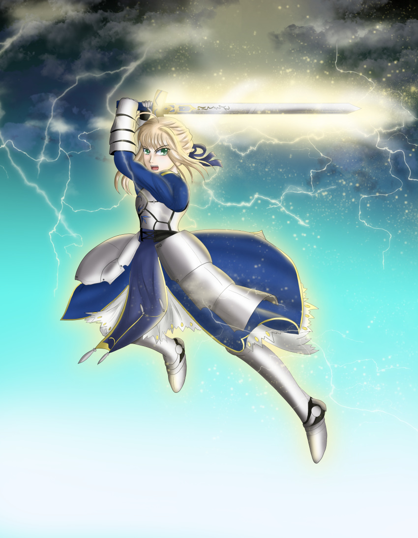 absurdres armor armored_dress arthur_pendragon_(fate) artoria_pendragon_(all) blonde_hair blue_dress dress excalibur fate/grand_order fate/stay_night fate_(series) green_eyes highres huge_filesize sword_girls