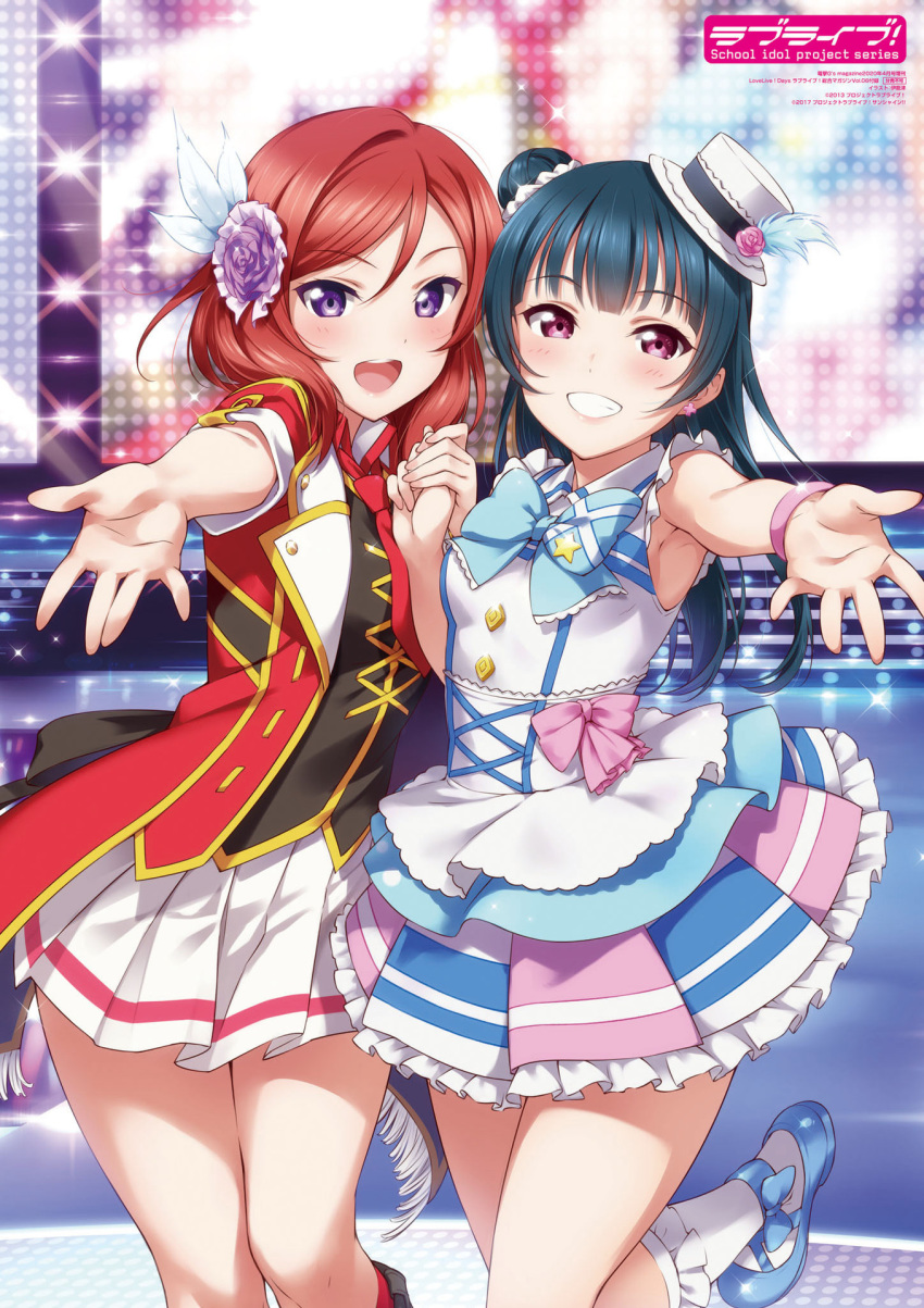 2girls :d armpits bangs blue_footwear blue_hair blue_neckwear blush bracelet crossover eyebrows_visible_through_hair frilled_legwear frilled_skirt frills grin hair_between_eyes highres holding_hands idol inou_shin jewelry layered_skirt long_hair looking_at_viewer love_live! love_live!_sunshine!! miniskirt multiple_girls necktie nishikino_maki open_mouth outstretched_arm outstretched_hand pleated_skirt pumps reaching_out red_eyes red_legwear red_neckwear redhead shiny shiny_hair short_sleeves skirt smile socks stage standing standing_on_one_leg swept_bangs tsushima_yoshiko violet_eyes white_legwear white_skirt