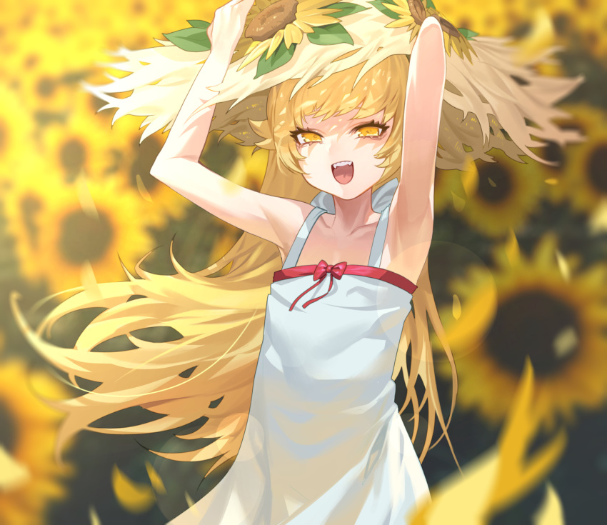 1girl armpits arms_up bakemonogatari bangs bare_shoulders bow dress fangs flower hat highres holding holding_hat long_hair monogatari_(series) open_mouth oshino_shinobu outdoors red_bow solo ssangbong-llama standing straw_hat sunflower vampire white_dress yellow_eyes