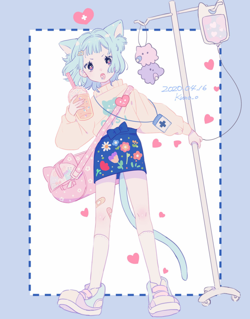 1girl animal_ears artist_name bag bandaid blue_background blue_hair bow cat_ears cat_girl cat_tail clothing_request commentary_request copyright_request cup dated drinking_straw duffel_bag hair_ornament hairclip heart highres intravenous_drip jikuno lanyard light_blue_hair looking_at_viewer miniskirt multicolored multicolored_eyes open_mouth pink_eyes shoes simple_background skirt socks solo tagme tail tongue tongue_out violet_eyes white_background