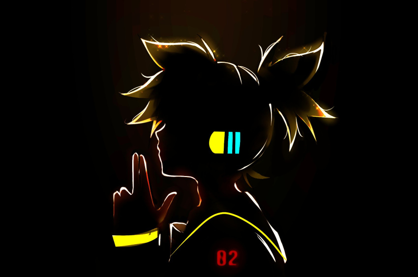 1boy backlighting black_background black_collar blonde_hair collar commentary ei_flow english_commentary finger_gun from_side glowing glowing_tattoo hand_up headphones highres kagamine_len male_focus number_tattoo profile sailor_collar school_uniform short_ponytail shoulder_tattoo solo spiky_hair tattoo upper_body vocaloid