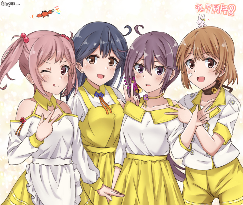 4girls ahoge akebono_(kantai_collection) alternate_costume anniversary apron bandaid bandaid_on_face bangs bell blue_hair blush brown_hair crab dress eyebrows_visible_through_hair flower hair_bell hair_bobbles hair_flower hair_ornament kantai_collection long_hair long_sleeves meguru_(megurunn) multiple_girls neck_ribbon oboro_(kantai_collection) open_mouth pink_hair purple_hair rabbit ribbon sazanami_(kantai_collection) short_hair short_sleeves short_twintails shorts simple_background skirt twintails twitter_username ushio_(kantai_collection) v white_apron yellow_shorts yellow_skirt