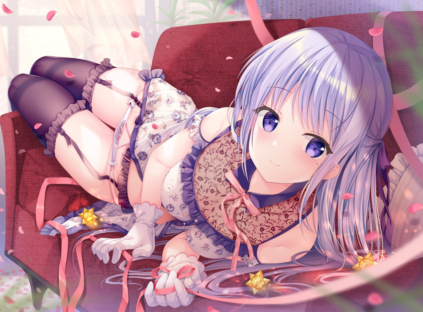 1girl bangs black_legwear blush bow bow_panties breasts couch curtains day eyebrows_visible_through_hair frilled_legwear garter_belt garter_straps gloves hair_ribbon half_updo highres hiiraki_asuka indoors long_hair looking_at_viewer lying medium_breasts mole mole_under_eye on_couch on_side original panties petals pink_bow pink_ribbon purple_hair purple_ribbon ribbon sidelocks skindentation solo sousouman thigh-highs underwear violet_eyes white_gloves white_panties window