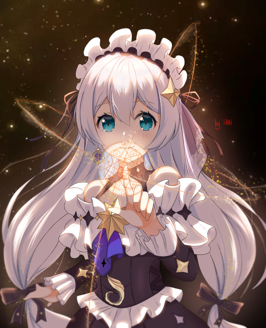 1girl absurdres artist_name bangs black_bow black_sleeves blue_eyes bow closed_mouth detached_sleeves eyebrows_visible_through_hair floating_hair hair_between_eyes hair_bow hair_ribbon highres honkai_(series) honkai_impact_3rd lolita_fashion long_hair long_sleeves looking_at_viewer low-tied_long_hair magic_circle ribbon silver_hair smile solo taw_(993004677) theresa_apocalypse twintails very_long_hair