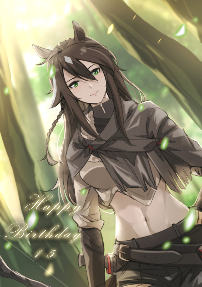 1girl absurdres animal_ears arknights bangs belt black_gloves black_pants blurry blurry_background braid brown_hair brown_shirt closed_mouth cowboy_shot crop_top dutch_angle english_commentary english_text ezraqi gloves green_eyes grey_capelet hair_between_eyes highres horse_ears long_hair looking_at_viewer meteor_(arknights) midriff navel outdoors pants shirt smile solo standing stomach tree