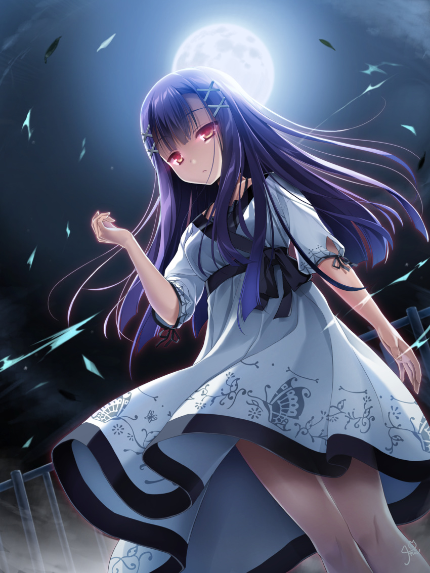 1girl bangs black_ribbon chaamii dress dress_lift dutch_angle empty_x_embryo floating_hair from_below full_moon highres himukai_momiji long_hair looking_at_viewer moon night outdoors parted_lips purple_hair red_eyes ribbon ribbon-trimmed_sleeves ribbon_trim shiny shiny_hair short_sleeves signature solo standing very_long_hair white_dress wind wind_lift
