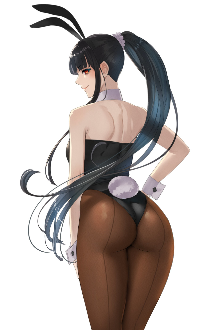 1girl absurdres animal_ears ass bangs bare_shoulders black_hair black_leotard brown_eyes brown_legwear bunny_girl bunnysuit closed_mouth commentary daglasses eyebrows_visible_through_hair from_behind hair_ornament hair_scrunchie hand_on_hip highleg highleg_leotard highres leotard lidia_(daglasses) lips long_hair looking_at_viewer looking_back original pantyhose ponytail rabbit_ears scrunchie shiny shiny_clothes shiny_hair sidelocks simple_background smile solo strapless strapless_leotard white_background wrist_cuffs