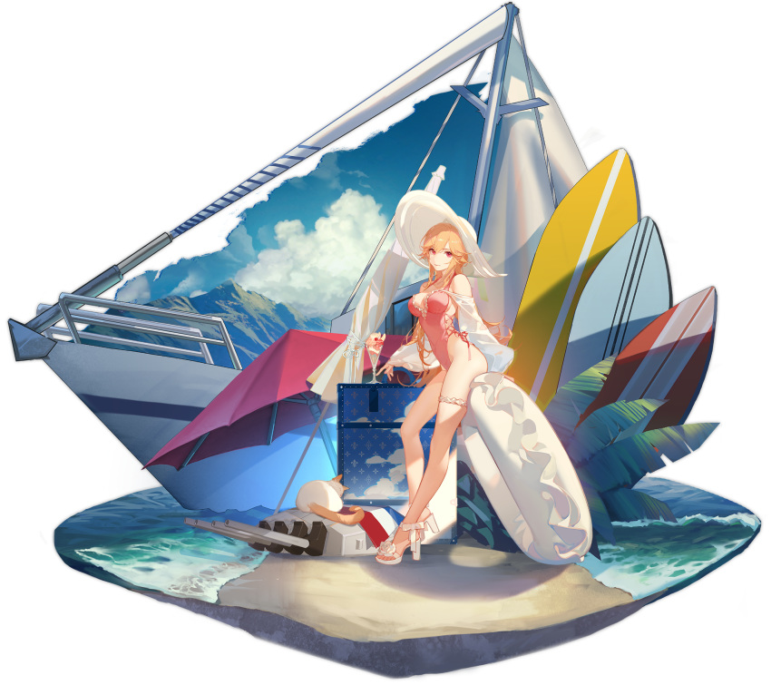 1girl animal ask_(askzy) azur_lane bare_legs bare_shoulders boat breasts cat clouds frills halterneck hat highleg highleg_swimsuit highres innertube large_breasts leg_garter long_hair long_legs long_sleeves looking_at_viewer official_art one-piece_swimsuit orange_hair parfait pink_swimsuit red_eyes richelieu_(azur_lane) sailboat sandals smile solo sun_hat swimsuit thighs transparent_background turret umbrella very_long_hair watercraft white_headwear