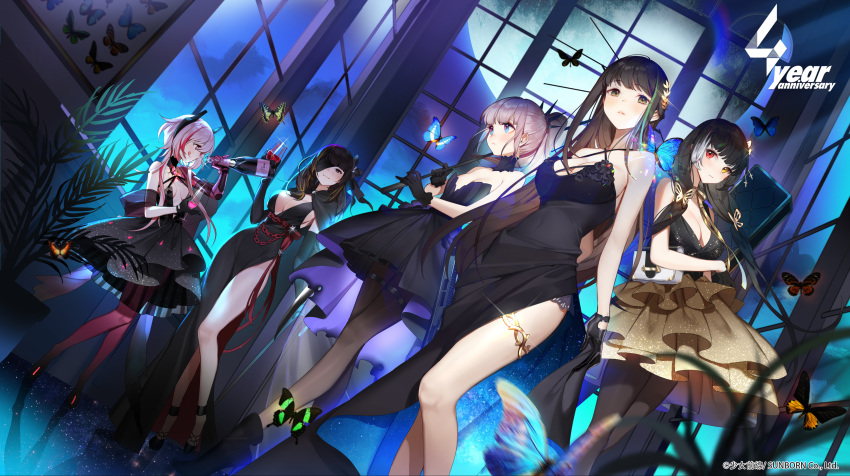 5girls :q absurdres alcohol artist_request bare_shoulders black_dress black_gloves black_hair black_legwear blue_eyes blurry blurry_background breasts brown_eyes brown_hair champagne_flute criss-cross_halter cup depth_of_field detached_collar dress drinking_glass dutch_angle eyepatch girls_frontline glint gloves halterneck heterochromia high_heels highres large_breasts long_hair m16a1_(girls_frontline) m4_sopmod_ii_(girls_frontline) m4a1_(girls_frontline) medium_breasts multicolored_hair multiple_girls night official_art pantyhose parted_lips pink_hair pink_legwear ro635_(girls_frontline) side_slit sidelocks small_breasts source_request st_ar-15_(girls_frontline) strapless strapless_dress streaked_hair thighlet tongue tongue_out wine_glass