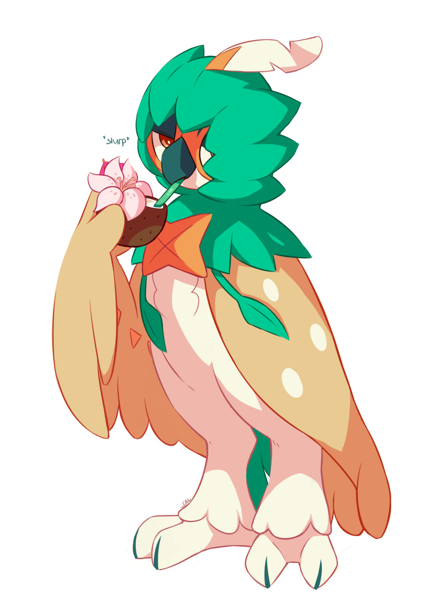 bird bird_focus brown_eyes commentary commission creature cup decidueye drinking english_commentary flower full_body gen_7_pokemon highres holding holding_cup looking_at_viewer no_humans onomatopoeia pokemon pokemon_(creature) salanchu simple_background solo starter_pokemon white_background