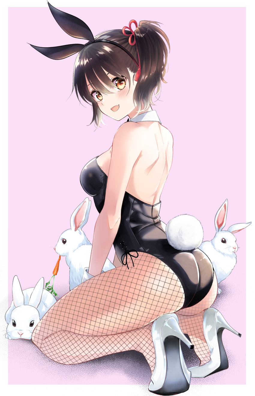 1girl :d absurdres animal animal_ears ass back backless_leotard bare_shoulders black_leotard breasts brown_hair bunny_girl bunny_tail bunnysuit carrot detached_collar fake_animal_ears fang fishnet_legwear fishnets flower_knot hair_between_eyes hair_ornament hairband high_heels highleg highleg_leotard highres kishuku_gakkou_no_juliet kneeling komai_hasuki large_breasts leotard long_hair looking_at_viewer natsupa open_mouth pantyhose rabbit rabbit_ears shoulder_blades side_ponytail smile solo strapless strapless_leotard tail tassel thighs white_footwear wrist_cuffs yellow_eyes