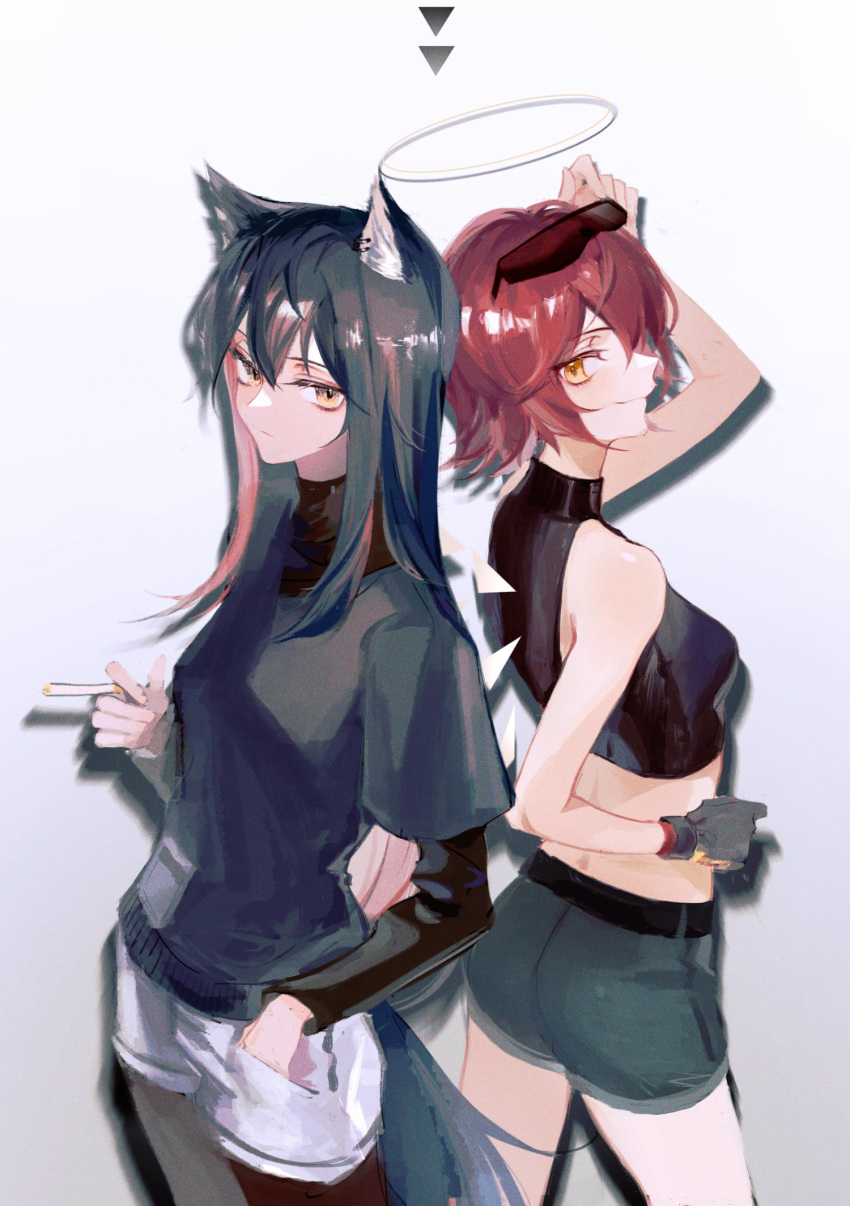 2girls animal_ear_fluff animal_ears arknights arm_up bangs bare_shoulders belt black_belt black_hair black_legwear breasts cigarette closed_mouth collar commentary_request ershisi exusiai_(arknights) eyewear_on_head from_side gloves gradient gradient_background grey_background grey_gloves grey_shorts hair_between_eyes halo hand_in_pocket highres holding holding_cigarette long_hair long_sleeves looking_at_viewer multicolored_hair multiple_girls pantyhose redhead short_hair shorts simple_background sleeveless smile standing sunglasses tail texas_(arknights) turtleneck two-tone_hair upper_body white_background white_shorts wings wolf_ears wolf_tail yellow_eyes