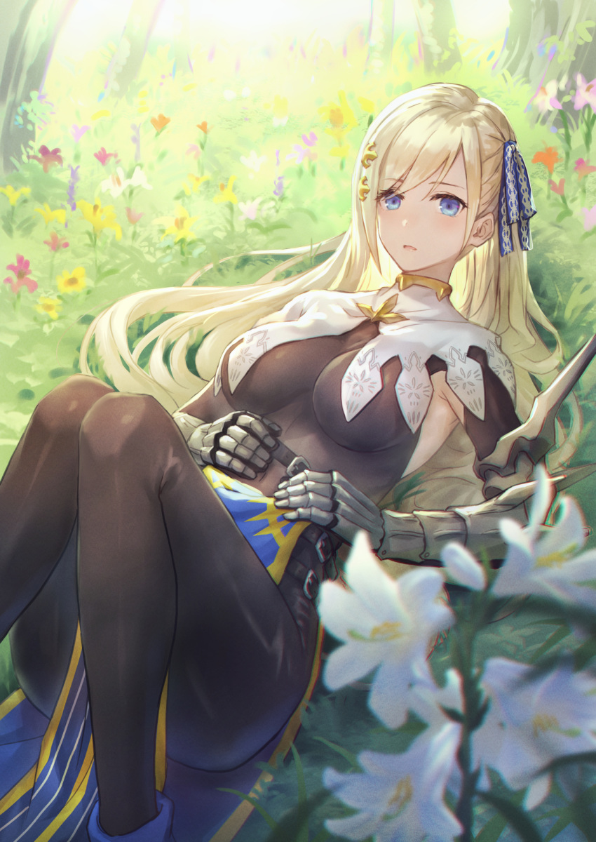 1girl armpit_cutout bangs blonde_hair blue_eyes blurry_foreground blush breasts breasts_apart covered_navel flower gauntlets grass hair_ornament hair_ribbon highres lily_(flower) long_hair lying medium_breasts on_back open_mouth original outdoors ribbon shouhei solo swept_bangs very_long_hair white_flower