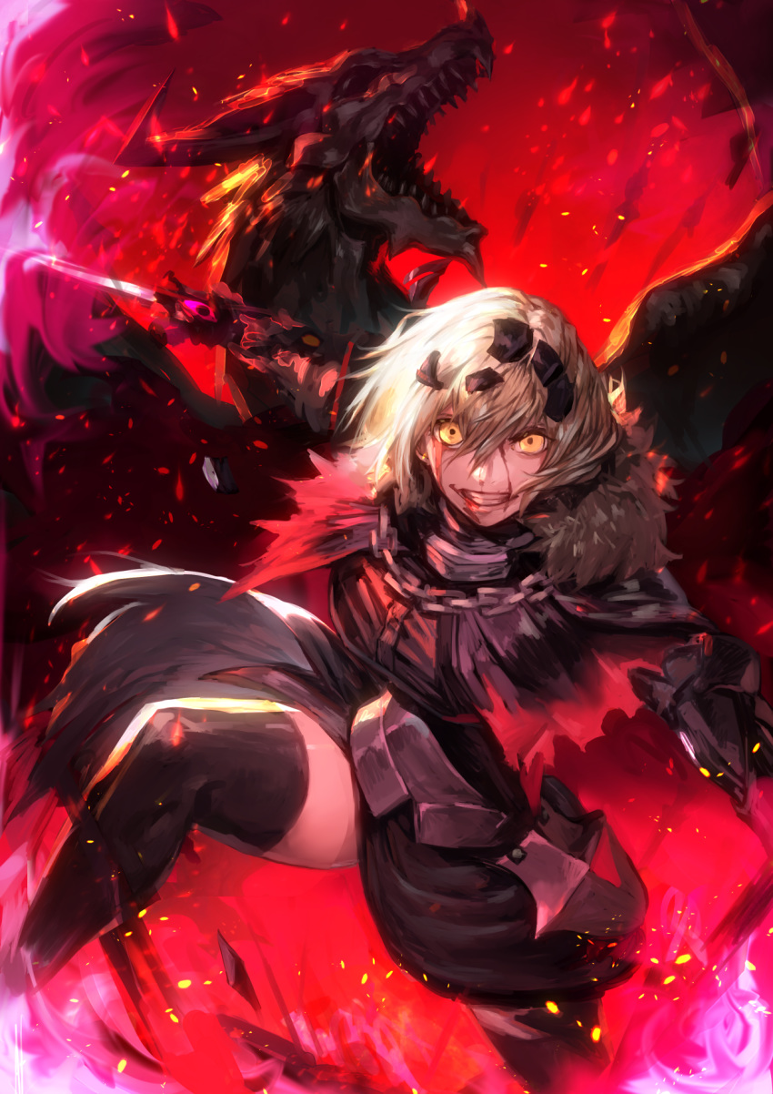 1girl armor armored_dress blonde_hair blood blood_from_mouth blood_on_face cape dragon dutch_angle epic fate/grand_order fate_(series) hair_between_eyes headpiece highres jeanne_d'arc_(alter)_(fate) jeanne_d'arc_(fate)_(all) looking_at_viewer peperon_(peperou) short_hair smile solo sword thigh-highs thighs torn_cape torn_clothes weapon yellow_eyes