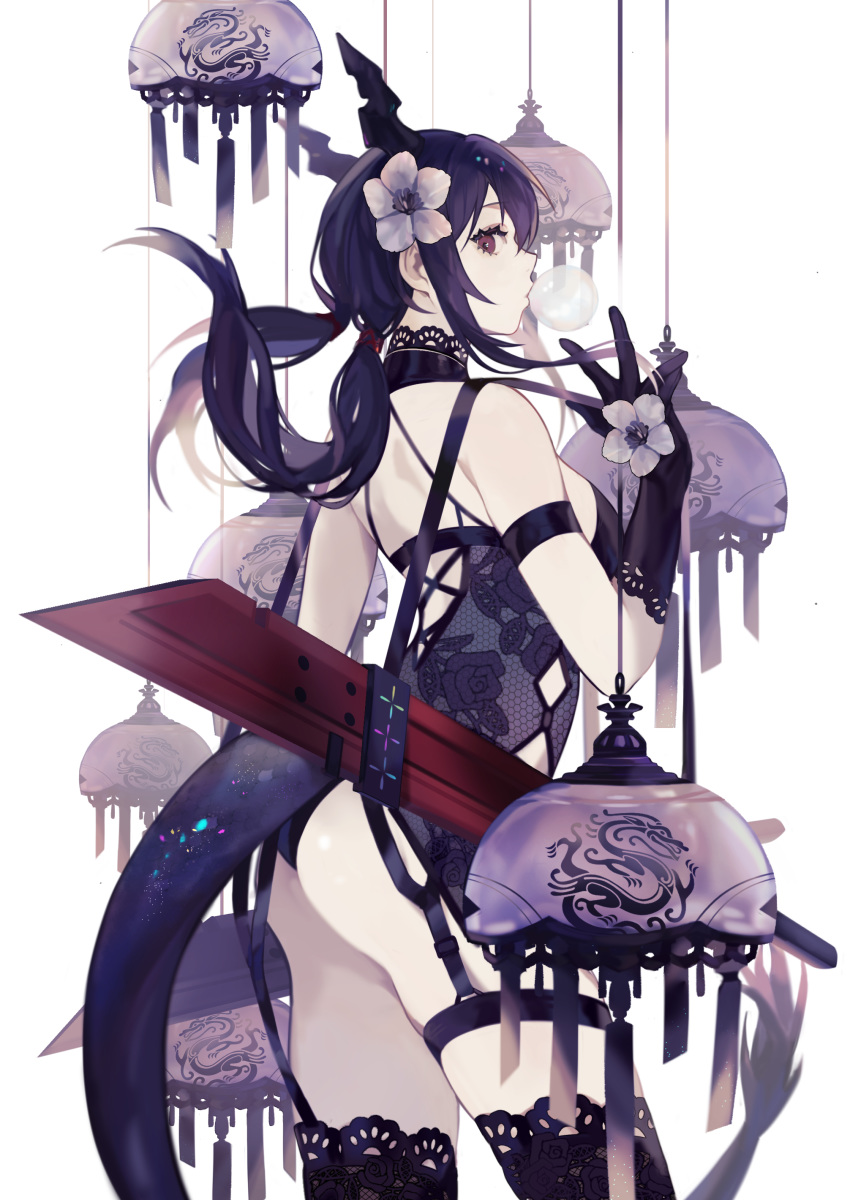 1girl absurdres arknights arm_strap ass bare_shoulders black_gloves black_legwear breasts brown_eyes ch'en_(arknights) cowboy_shot elbow_gloves floral_print flower garter_straps gloves hair_flower hair_ornament highres horns lingerie long_hair looking_at_viewer looking_to_the_side low_twintails medium_breasts print_leotard profile purple_hair revision rose_print saika_(saika_nyan) sidelocks sideways_glance simple_background solo sword tail thigh_strap thighs twintails underwear v weapon white_background white_flower wind_chime