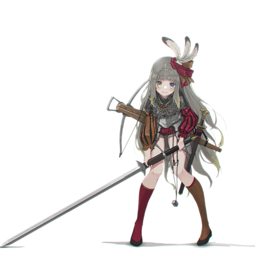 1girl absurdres asymmetrical_clothes asymmetrical_legwear asymmetrical_sleeves blue_eyes bow_(weapon) breastplate brown_hair chainmail commentary_request crossbow eyebrows_visible_through_hair faulds feathers full_body green_eyes hair_feathers hair_ribbon heavy heterochromia highres holding holding_sword holding_weapon jewelry long_hair looking_at_viewer medieval necklace oota_youjo original ribbon sheath sheathed shorts smile solo sword weapon weapon_on_back white_background zweihander