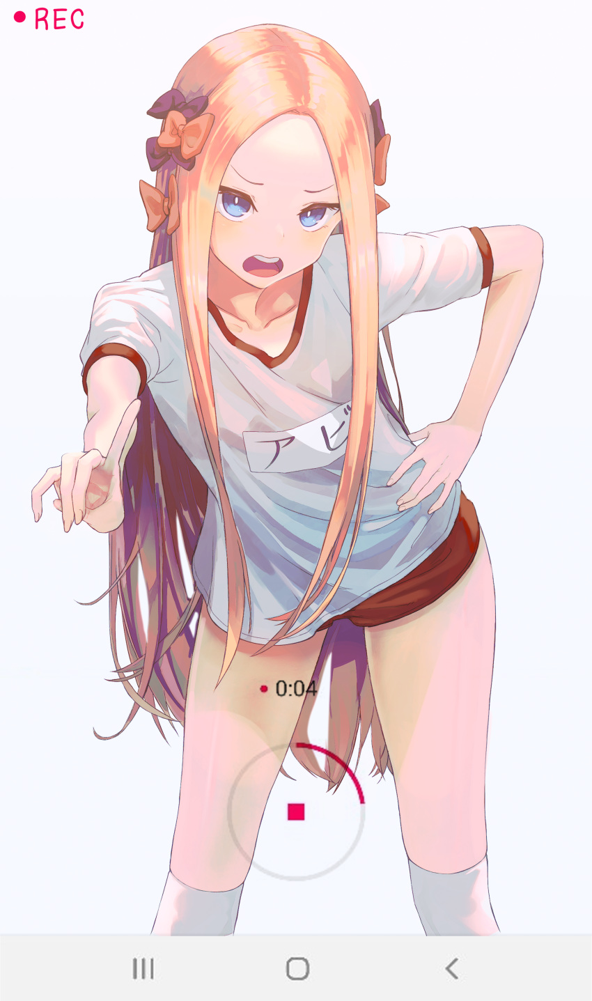 1girl abigail_williams_(fate/grand_order) absurdres bangs black_bow blonde_hair blue_eyes bow breasts character_name collarbone fate/grand_order fate_(series) gym_uniform hair_bow hand_on_hip highres huskk index_finger_raised kneehighs leaning_forward long_hair looking_at_viewer multiple_hair_bows open_mouth orange_bow parted_bangs red_shorts revision shiny shiny_hair shirt short_shorts short_sleeves shorts sidelocks simple_background small_breasts solo standing straight_hair very_long_hair viewfinder white_background white_legwear white_shirt