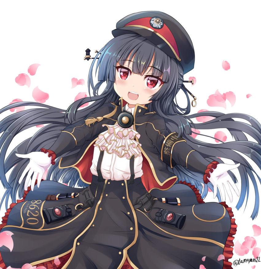 1girl :d armband ascot black_hair black_headwear black_jacket black_skirt collared_shirt commentary_request dress_shirt frilled_skirt frilled_sleeves frills gloves hachiroku_(maitetsu) hair_ornament hat highres jacket long_hair long_sleeves looking_at_viewer maitetsu open_clothes open_jacket open_mouth peaked_cap petals red_eyes shirt simple_background skirt smile solo suspender_skirt suspenders tamayan twitter_username upper_teeth very_long_hair white_background white_gloves white_neckwear white_shirt