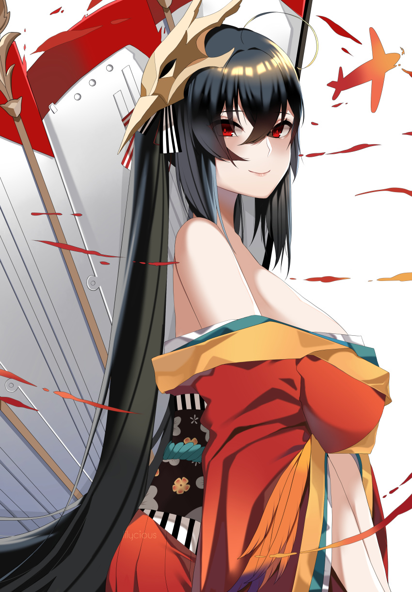 1girl absurdres aircraft airplane azur_lane bare_shoulders black_hair blush breasts closed_mouth eyebrows_visible_through_hair flower hair_between_eyes hair_ornament highres huge_breasts japanese_clothes kimono lilycious long_hair long_sleeves looking_at_viewer machinery mask mask_on_head off-shoulder_kimono red_eyes red_kimono sash smile solo taihou_(azur_lane) very_long_hair wide_sleeves