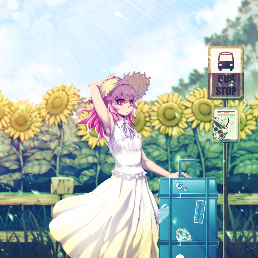 1girl arm_up armpits bag blonde_hair blue_sky blurry blurry_background bus_stop closed_mouth dress flower hand_on_headwear hat highres looking_to_the_side medium_hair niandni original red_eyes shadow sky sleeveless sleeveless_dress standing straw_hat sunflower tree waiting white_dress white_neckwear wing_collar