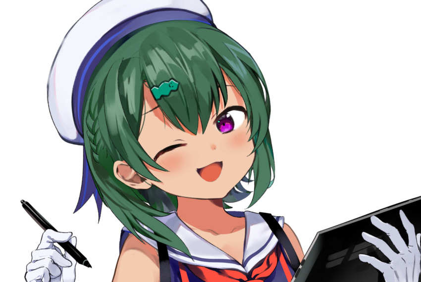 1girl blush close-up collarbone eyebrows_visible_through_hair hair_ornament hairclip hat highres konbu_wakame looking_at_viewer necktie one_eye_closed open_mouth original red_neckwear seaweed short_hair smile solo stylus tablet_pc tan upper_body violet_eyes white_headwear