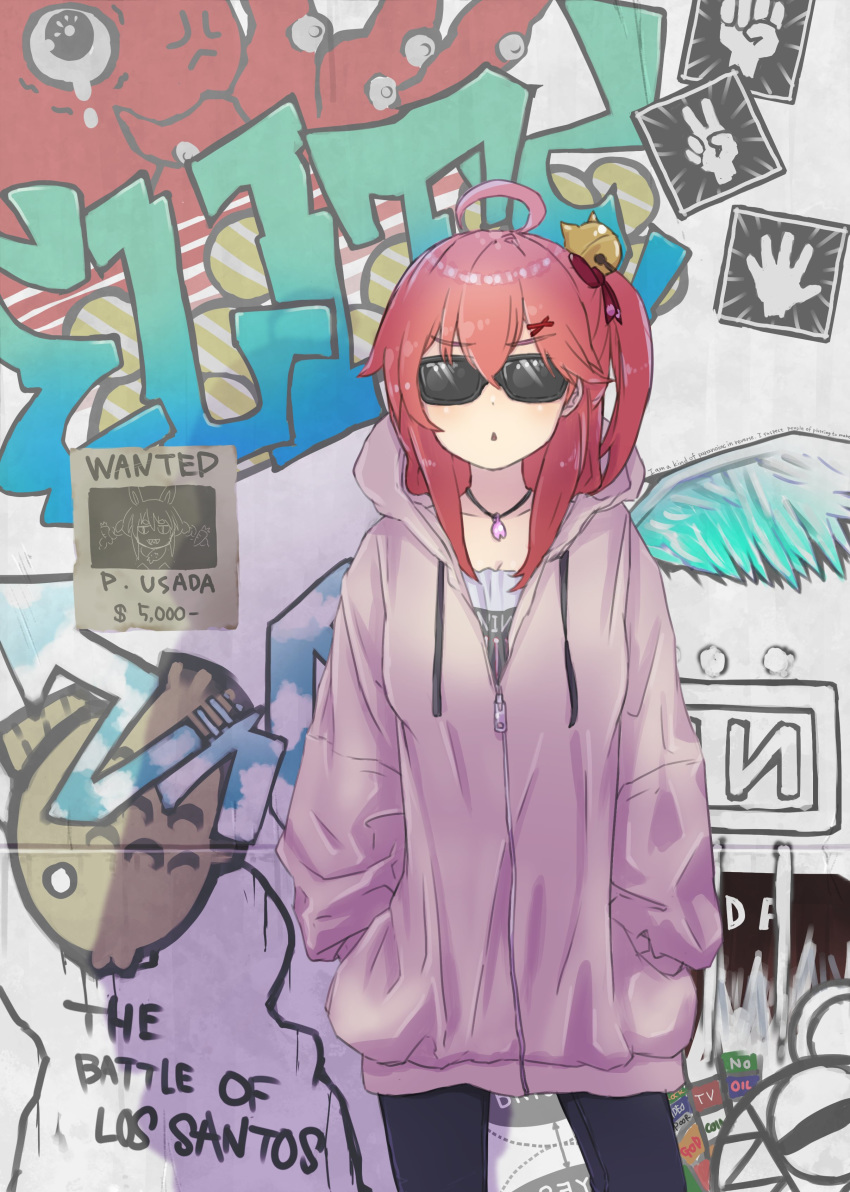 1girl absurdres ahoge alternate_costume commentary_request graffiti hair_ornament hairclip highres hololive jacket jewelry looking_at_viewer medium_hair necklace pink_hair radicalfool sakura_miko solo sunglasses usada_pekora virtual_youtuber wall wanted