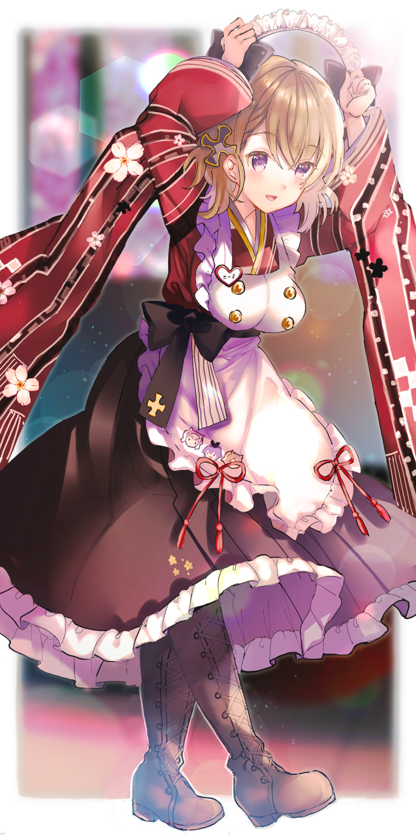 1girl :d apron azur_lane blonde_hair blurry boots breasts commentary_request flower frilled_apron frills full_body highres japanese_clothes kimono long_sleeves looking_at_viewer maid maid_apron maid_headdress medium_breasts open_mouth oriental_umbrella pavement pink_flower pitcher shibaebi_(yasaip_game) short_hair smile solo standing table umbrella violet_eyes wa_maid wide_sleeves z23_(azur_lane)