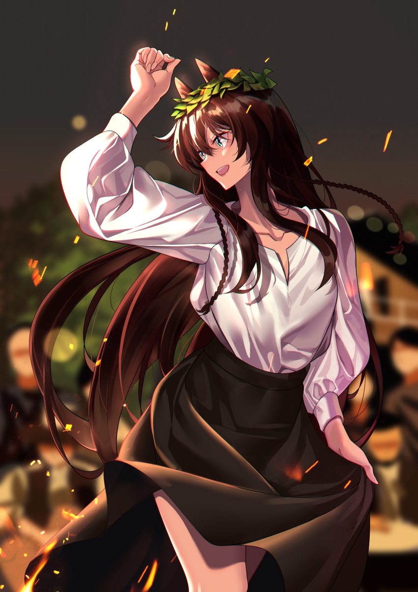 1girl :d absurdres animal_ears arknights arm_up bangs black_skirt brown_hair commentary_request cowboy_shot green_eyes hair_between_eyes head_tilt head_wreath highres horse_ears long_hair long_sleeves looking_to_the_side meteor_(arknights) open_mouth shijie_jianfa shirt skirt skirt_hold smile solo standing very_long_hair white_shirt