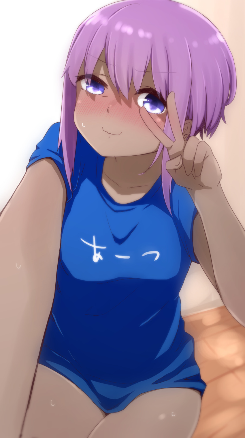 1girl bangs blue_shirt blush breasts closed_mouth clothes_writing collarbone dark_skin eyebrows_visible_through_hair fate/prototype fate/prototype:_fragments_of_blue_and_silver fate_(series) hair_between_eyes hassan_of_serenity_(fate) highres i.u.y nervous_smile nose_blush purple_hair shirt short_sleeves small_breasts solo sweat v_over_eye violet_eyes wavy_mouth