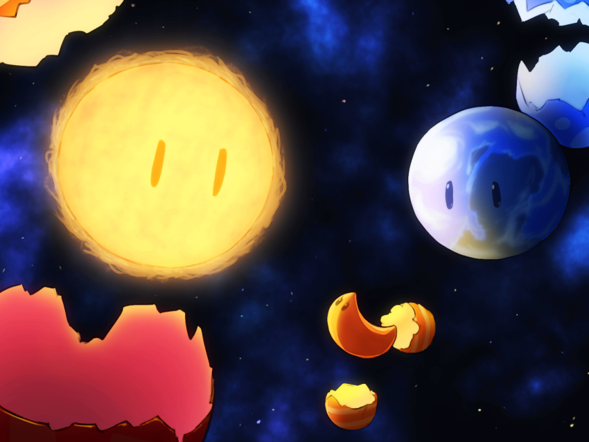 commentary_request crescent_moon earth eggshell eye_contact highres looking_at_another moon no_humans original shirosato space star_(sky) sun |_|