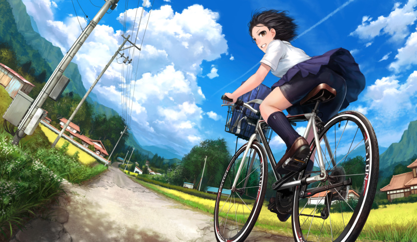 1girl ass bag bicycle bicycle_basket bike_shorts black_hair black_shorts blue_skirt blue_sky brown_eyes brown_footwear clouds cloudy_sky commentary_request condensation_trail day dutch_angle field fisheye grin ground_vehicle house lamppost lif loafers mountainous_horizon original outdoors pleated_skirt power_lines riding road rural school_uniform shirt shoes short_hair short_sleeves shorts skirt sky smile solo white_shirt