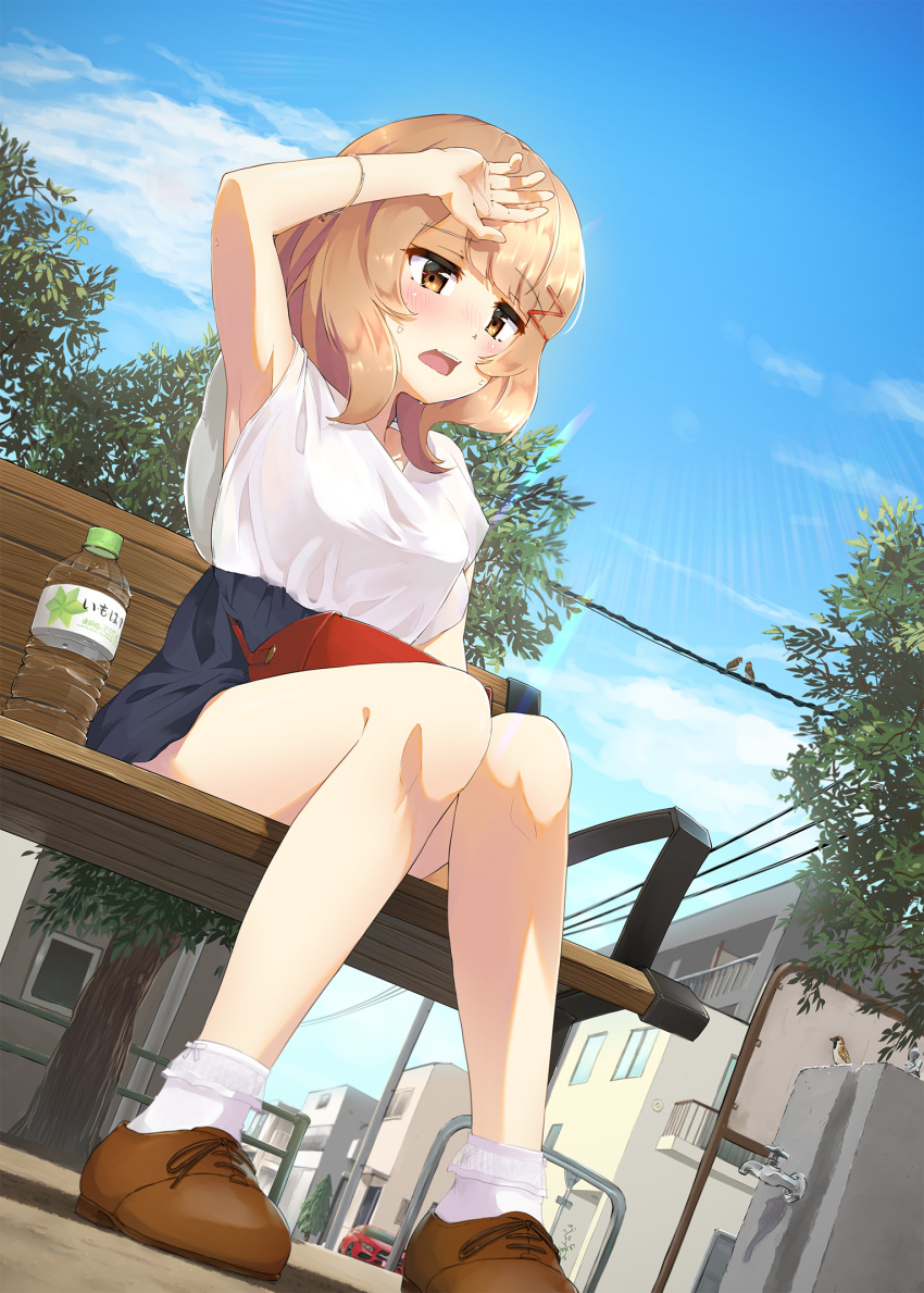 1girl alternate_costume arm_up armpits bag bench bird blush bottle bracelet brown_eyes brown_footwear brown_hair car clouds commentary_request faucet ground_vehicle hair_ornament hairclip handbag highres house jewelry lens_flare minase_yuki motor_vehicle open_mouth park park_bench shirt shoes shoujo_kageki_revue_starlight sitting solo sparrow sweat tanaka_yuyuko translucent_shirt tree water_bottle white_legwear white_shirt