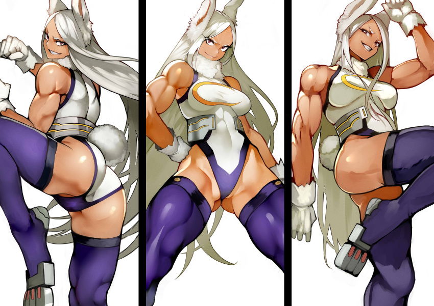 1girl absurdres animal_ears arm_up ass boku_no_hero_academia breasts brown_eyes bunny_girl bunny_tail clenched_hands fighting_stance gloves hand_on_hip highres leg_up legs_apart leotard long_hair looking_at_viewer medium_breasts mirko muscle muscular_female pose purple_legwear purple_leotard rabbit_ears simple_background smile solo standing standing_on_one_leg tail thick_thighs thigh-highs thighs two-tone_leotard white_background white_gloves white_hair white_leotard yoshio_(55level)