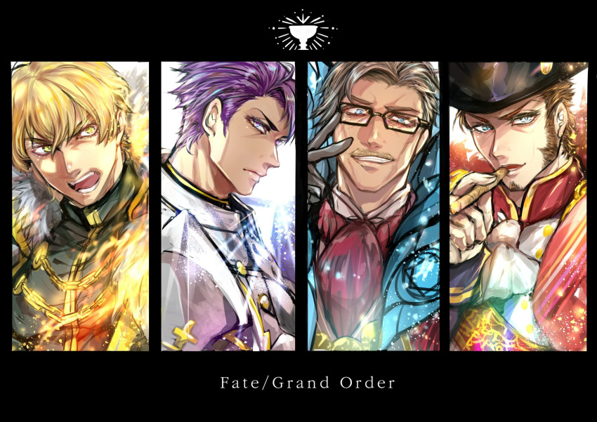 4boys alternate_costume armor beard black_border blonde_hair blue_eyes border brown_hair cape chain chest cigar closed_mouth collar copyright_name epaulettes eyebrows_visible_through_hair facial_hair fate/extra fate/grand_order fate_(series) feather_collar fighting_stance formal from_side gawain_(fate/extra) glasses gloves glowing goatee gradient_hair grey_hair hat highres holy_grail_(fate) james_moriarty_(fate/grand_order) knight knights_of_the_round_table_(fate) lancelot_(fate/grand_order) long_sleeves looking_at_viewer male_focus military military_uniform multicolored_hair multiple_boys mustache napoleon_bonaparte_(fate/grand_order) necktie open_mouth purple_hair sash sideburns smile smirk smoking sparkle tight uniform v vest violet_eyes weapon white_armor white_background yellow_eyes zuman_(zmnjo1440)