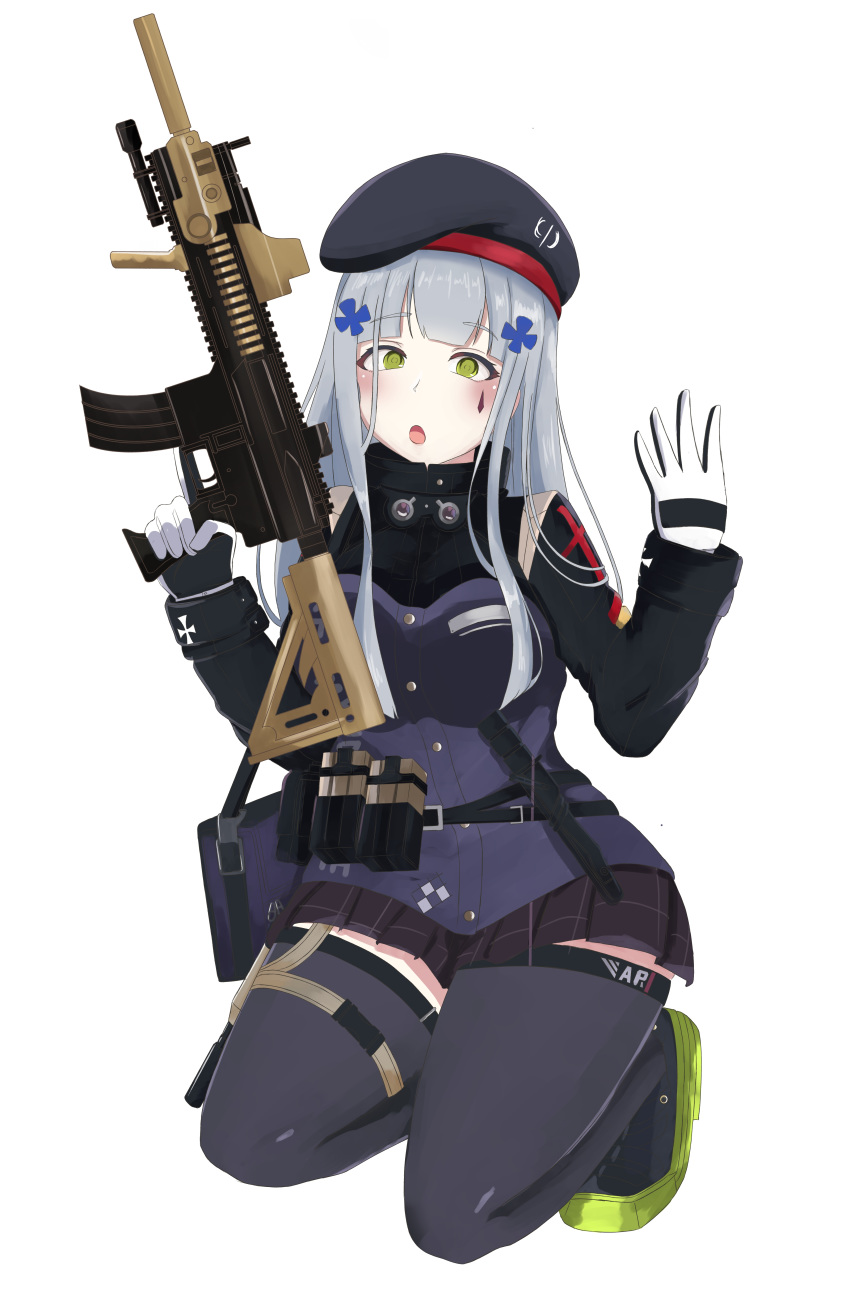 absurdres arimasen_efg17 assault_rifle bag checkered checkered_skirt girls_frontline gloves green_eyes gun h&amp;k_hk416 hair_ornament hairclip heckler_&amp;_koch highres hk416_(girls_frontline) microskirt pantyhose rifle shoulder_bag silver_hair skirt thigh-highs thighhighs_over_pantyhose weapon white_gloves