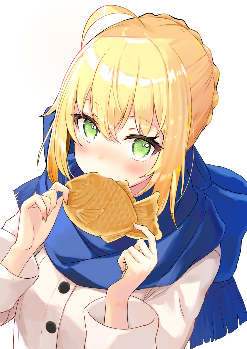 1girl ahoge alternate_costume artoria_pendragon_(all) blonde_hair blue_scarf blush braid dutch_angle eating fate/stay_night fate_(series) food french_braid green_eyes hair_between_eyes highres looking_at_viewer miruto_netsuki saber scarf solo taiyaki wagashi white_background