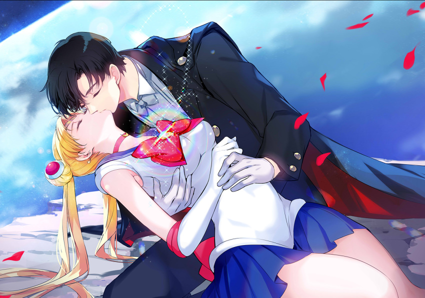 bishoujo_senshi_sailor_moon blonde_hair blush chiba_mamoru closed_eyes crescent crescent_earrings earrings french_kiss gin_(oyoyo) hair_ornament jewelry kiss magical_girl pleated_skirt sailor_collar sailor_moon school_uniform skirt tsukino_usagi