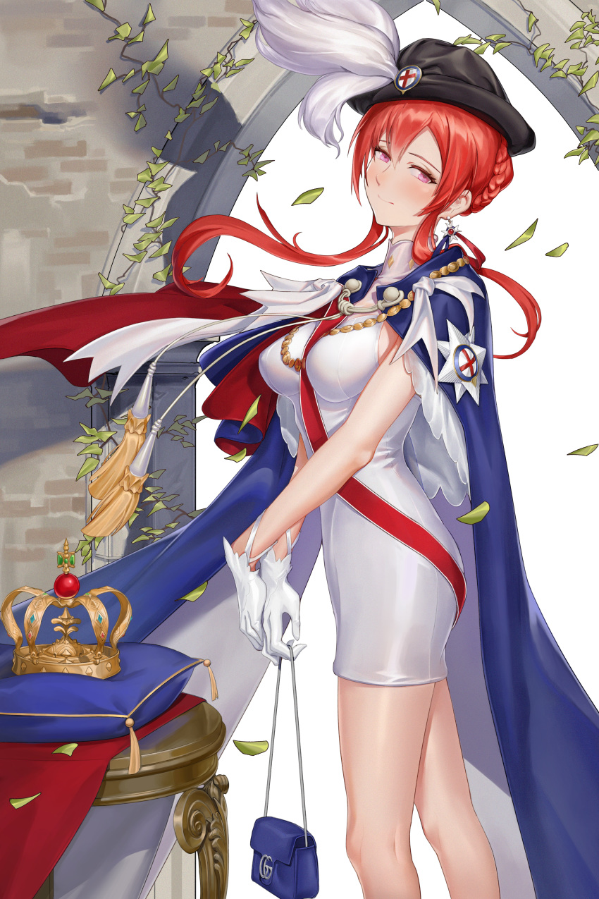 1girl absurdres arch azur_lane between_breasts black_headwear blue_cape blush breasts cape crown dress earrings gloves hair_bun hat hat_feather head_tilt highres holding_handbag huge_filesize jewelry leaves_in_wind looking_at_viewer medium_breasts monarch_(azur_lane) pillow plant qiko red_sash redhead sash short_dress short_hair_with_long_locks sidelocks solo stone_wall stool vines violet_eyes wall white_dress white_gloves