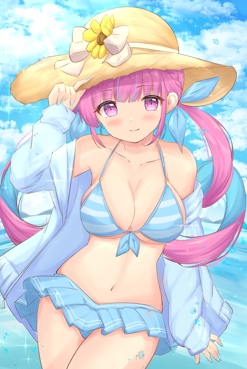 1girl absurdres bikini blue_bikini blue_hair blue_nails braid breasts closed_mouth clouds collarbone commentary_request eyebrows_visible_through_hair flower hand_on_headwear hat highres hololive jacket kanti15 large_breasts looking_at_viewer minato_aqua mixed-language_commentary multicolored_hair navel off_shoulder open_clothes open_jacket pink_eyes pink_hair pleated_skirt skirt sky sleeves_past_wrists smile solo sparkle streaked_hair swimsuit twintails two-tone_hair virtual_youtuber water