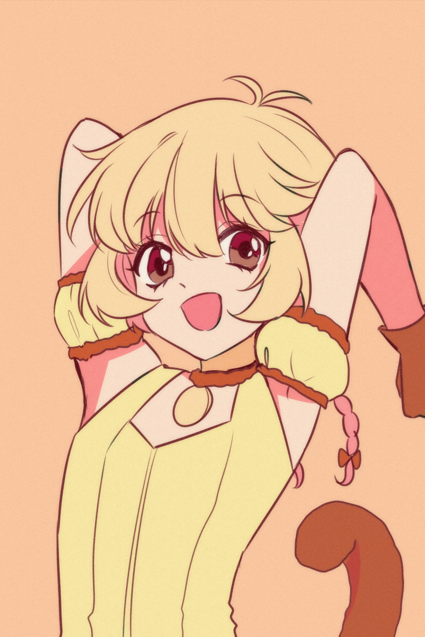 1girl :d absurdres blonde_hair brown_eyes choker detached_sleeves fong_pudding garters gloves highres leotard magical_girl mew_pudding monkey_tail open_mouth puffy_detached_sleeves puffy_sleeves short_hair smile solo tail tokyo_mew_mew yaya_chan yellow_background yellow_leotard yellow_theme