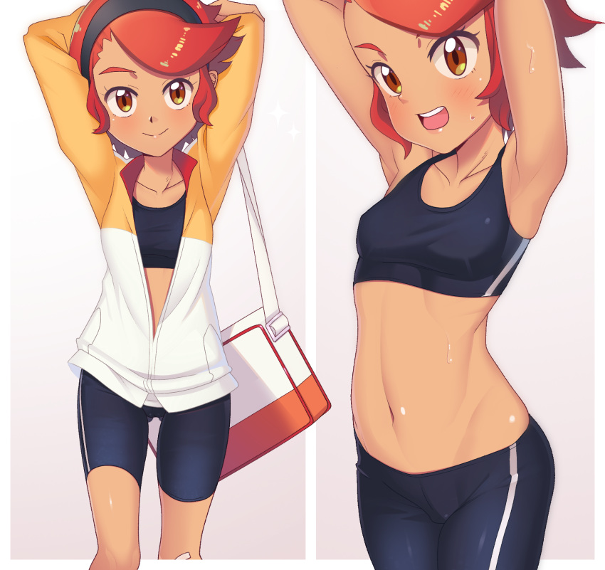 1girl arms_behind_back ass_visible_through_thighs bangs bike_shorts black_bra black_headband black_shorts bra breasts cardigan closed_mouth collarbone cowboy_shot gazing_eye grey_background groin headband highres midriff multiple_views navel open_cardigan open_clothes open_mouth pokemon pokemon_(game) pokemon_masters redhead sazank sazanka_(pokemon) shiny shiny_hair short_hair shorts small_breasts smile sports_bra standing stomach sweat swept_bangs underwear