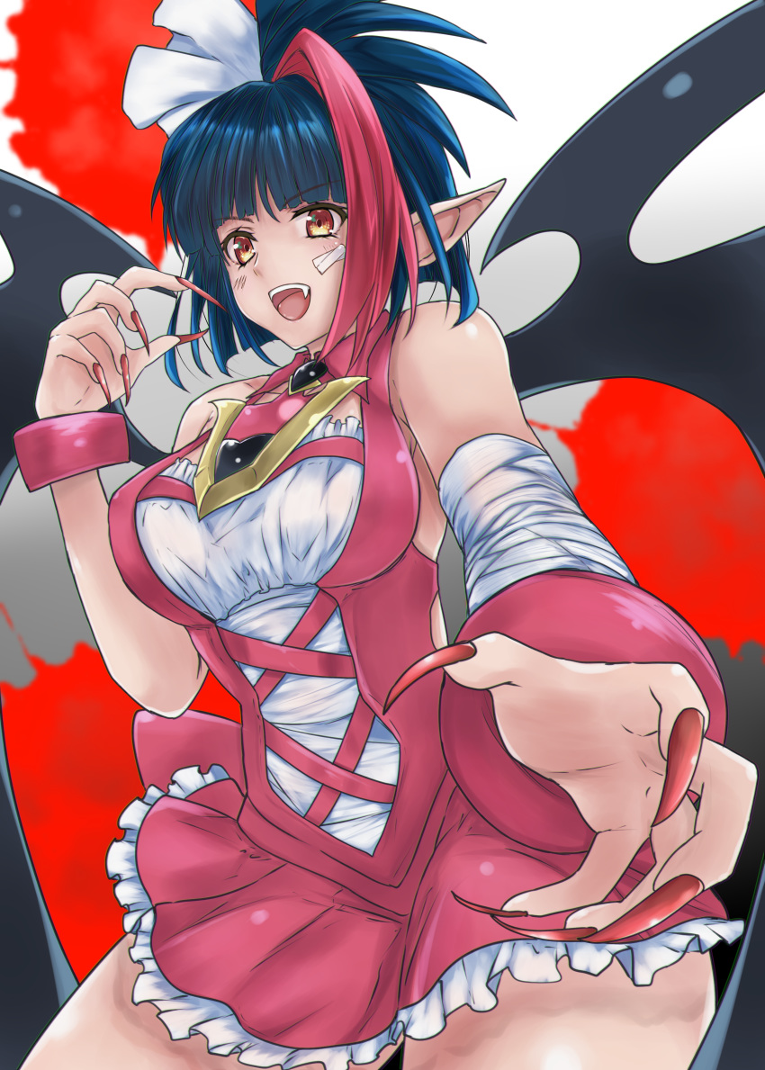 1girl absurdres bandaged_arm bandages bandaid bandaid_on_face bare_shoulders bat_wings black_hair blood blood_splatter blush bow breasts claw_pose commentary dress eyebrows_visible_through_hair fang fingernails hair_between_eyes hair_bow highres long_fingernails looking_at_viewer medium_breasts millaarc multicolored_hair open_mouth orange_eyes pink_dress pointy_ears red_nails redhead senki_zesshou_symphogear shishin_(shishintei) short_hair sleeveless sleeveless_dress solo two-tone_hair vampire white_background wings wrist_cuffs