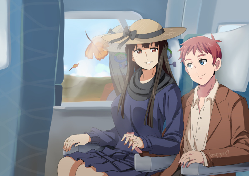 1boy 1girl alternate_costume autumn_leaves beta_(joutarou) black_hair black_scarf blue_eyes braid breasts commentary couple engagement_ring english_commentary eye_contact french_braid hair_ribbon hat hetero holding_hands husband_and_wife iowa_(pacific) jewelry kimi_no_na_wa. large_breasts long_sleeves looking_at_another miyamizu_mitsuha mole mole_under_eye pacific red_eyes redhead reflection ribbon ring scarf smile sun_hat teeth train_interior wedding_ring window