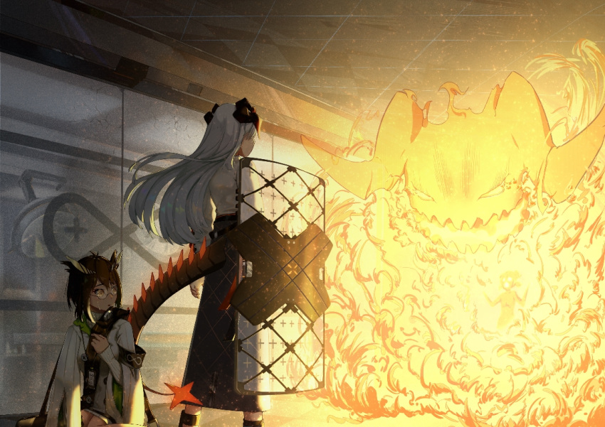 3girls arknights armband bangs black_hair black_skirt brown_eyes chinese_commentary commentary_request feet_out_of_frame fire from_behind glasses horns ifrit_(arknights) indoors long_hair long_skirt long_sleeves multiple_girls originium_arts_(arknights) parted_lips rhine_lab_logo saria_(arknights) shield shirt short_hair silence_(arknights) silver_hair skedli skirt standing tail tears white_shirt