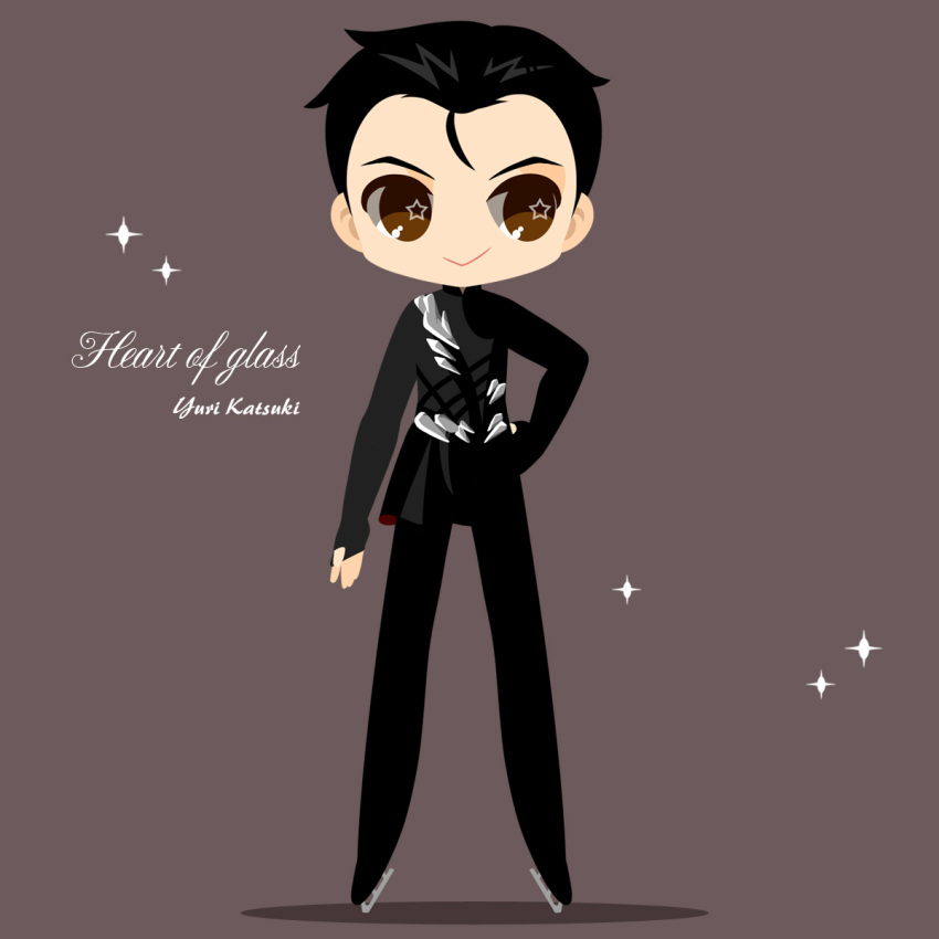 1boy :&gt; black_hair bodysuit brown_background brown_eyes character_name english_text hair_slicked_back hand_on_hip highres ice_skates kaorin_minogue katsuki_yuuri male_focus skates sparkle star star-shaped_pupils symbol-shaped_pupils yuri!!!_on_ice