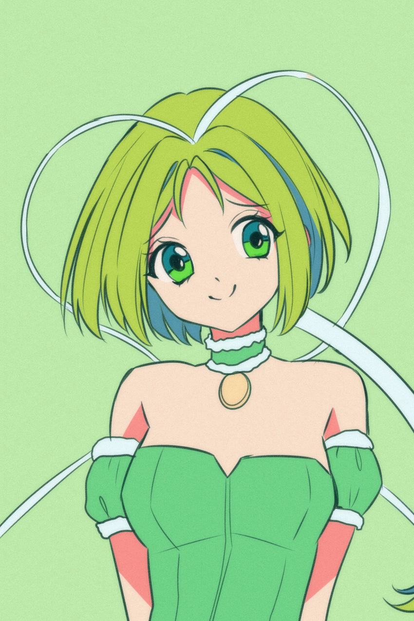1girl absurdres breasts choker closed_mouth detached_sleeves garters green_background green_choker green_eyes green_hair green_leotard green_theme hair_tubes highres leotard magical_girl medium_breasts mew_lettuce midorikawa_lettuce puffy_detached_sleeves puffy_sleeves short_hair simple_background smile solo tokyo_mew_mew yaya_chan