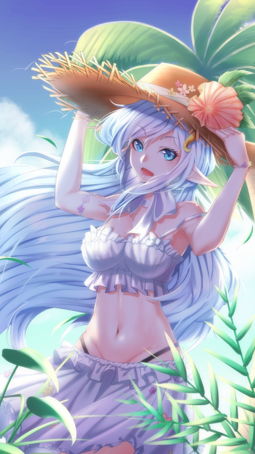 1girl bangs bikini black_bikini blue_eyes breasts bustier day elf eyebrows_visible_through_hair flower frilled_skirt frills groin hands_on_headwear hat hat_flower highleg highleg_bikini highres long_hair looking_at_viewer medium_breasts midriff navel original outdoors pink_flower pointy_ears skirt sky solo stomach strap_slip straw_hat swept_bangs swimsuit very_long_hair white_hair white_skirt wind zhe_feng_yi